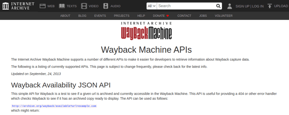 Preview of Wayback Machine API